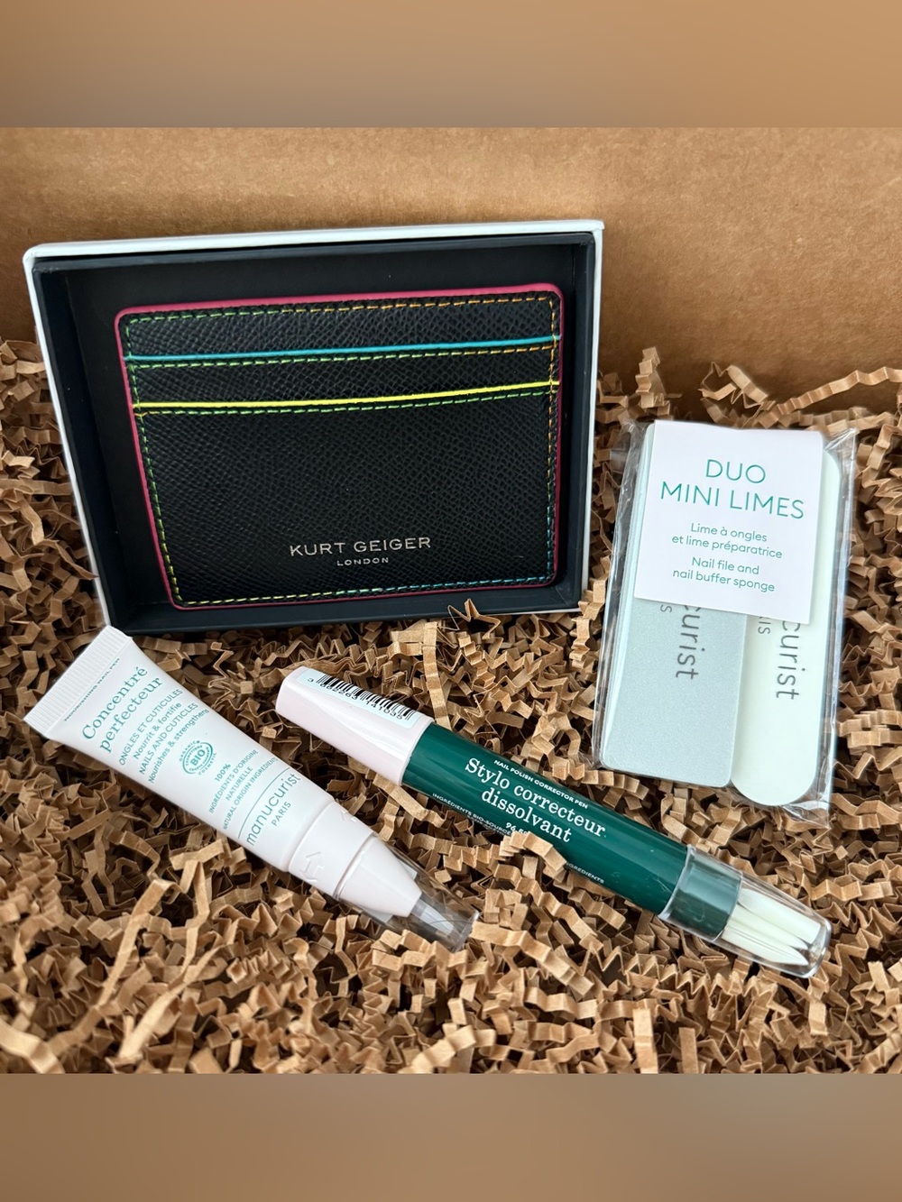 Kurt Geiger Black Multicolor Card Holder + Travel Nail Care Kit Gift Bundle